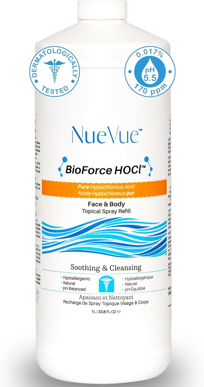 BioForce HOCl Pure Hypochlorous Acid Spray Refill for Face & Body (33 Oz) - Acne-Prone Skin & Eczema, Piercing aftercare, Made in Canada, Gentle Skin Cleanser & Toner, pH Balanced, Non-comedogenic