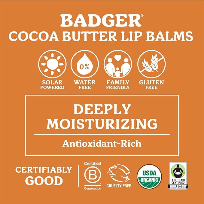 Badger Cool Mint Cocoa Butter Lip Balm, Long Lasting Hydrating Lip Care, 100% Organic Lip Balm, Large Size Stick, 4-pack