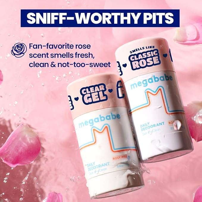Megababe Daily Deodorant - Rosy Pits with 72 hour Odor Protection | Aluminum-Free, Clear & Clean | Fresh rose scent | 2.6 oz