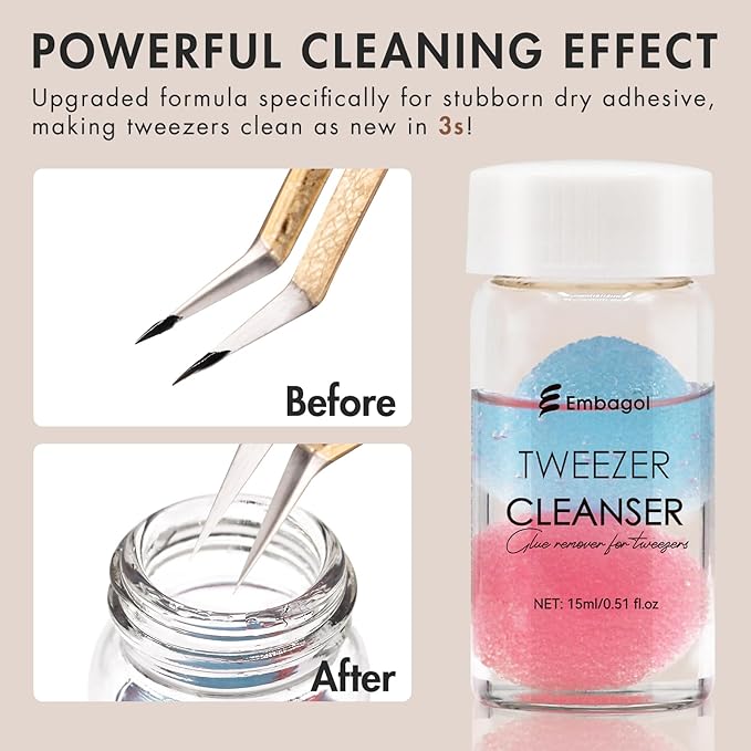Tweezer Cleanser for Eyelash Extensions with Nail Wipes Lint Free Glue wipes Tweezers Glue Remover Liquid for Lash Tools with 2 Spongeballs Kit(2 Bottles Cleanser+1 Glue Wipes)