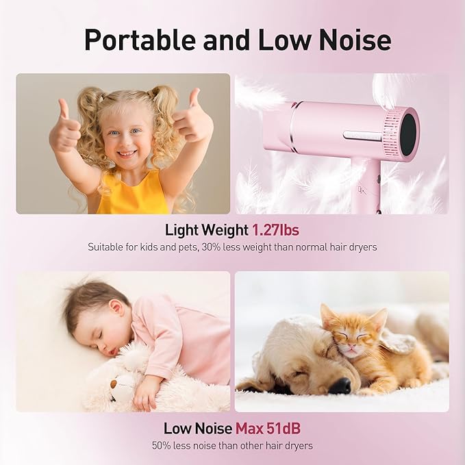 Hair Dryer, High-Speed Ionic Blow Dryer, Powerful 1600 Watt Motor for Fast Drying and Straight & Wavy Hair, Foldable, Lightweight Hairdryer with with Magnetic Suction Nozzle for Home Salon Travel