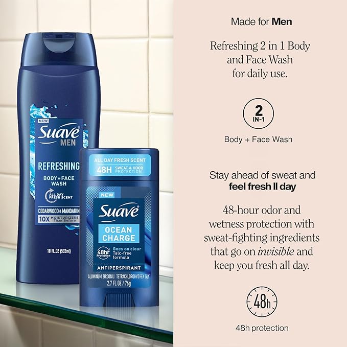 Suave Men’s Body Wash, Refresh + Invisible Solid Ocean Charge Antiperspirant Deodorant Stick, 48H Sweat & Odor Protection (2 Piece Set)