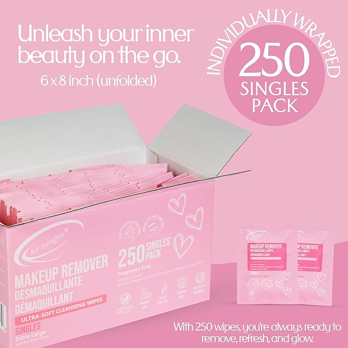 Air Jungles 250 Count Individual Makeup Remover Wipes, Bulk Size Individually Wrapped, Extra Large Facial Towelettes For All Skin Type, Fragrance-Free, Hotel Travel Size Toiletries