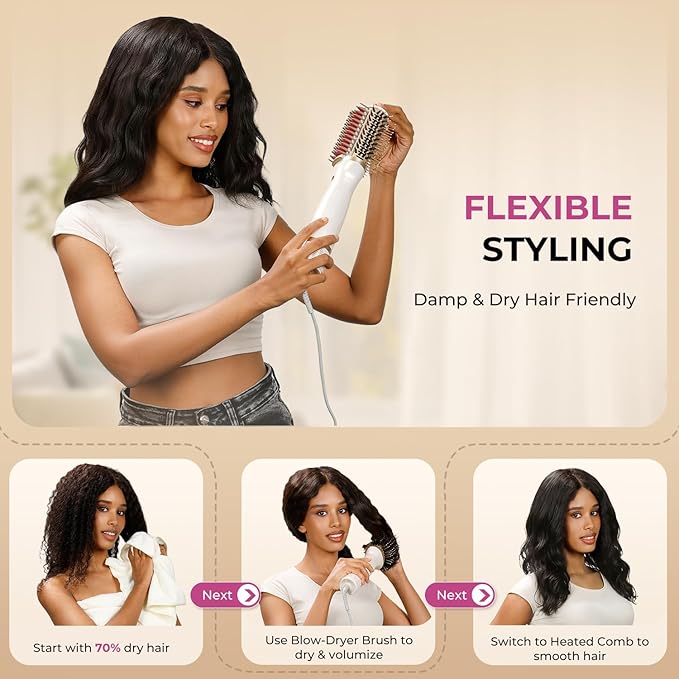 Upgraded 2-in-1 Blow Dryer Brush with Heated Comb - Volumizer Hair Dryer Brush for Hair Drying & Styling, Salon Blowouts, Frizz-Free Shiny Hair, Reduced Heat Damage, Suitable for All Hair Types