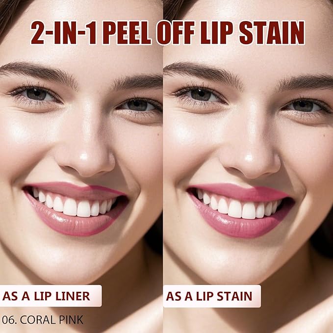 Lip Liner Stain Peel Off with Tweezer, Long Lasting Matte Lip Tattoo, Highly Pigmented Color Lip Makeup, Waterproof, Transfer-proof Lipstain for Women, for All Skin Types CORAL PINK