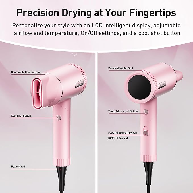 Hair Dryer, High-Speed Ionic Blow Dryer, Powerful 1600 Watt Motor for Fast Drying and Straight & Wavy Hair, Foldable, Lightweight Hairdryer with with Magnetic Suction Nozzle for Home Salon Travel