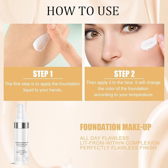 Flawless Colour Changing Foundation 30ML – Moisturizing & Long-Lasting Liquid Foundation with SPF 15, Full Coverage, Poreless & Waterproof, Natural Skin Tone Makeup for Face