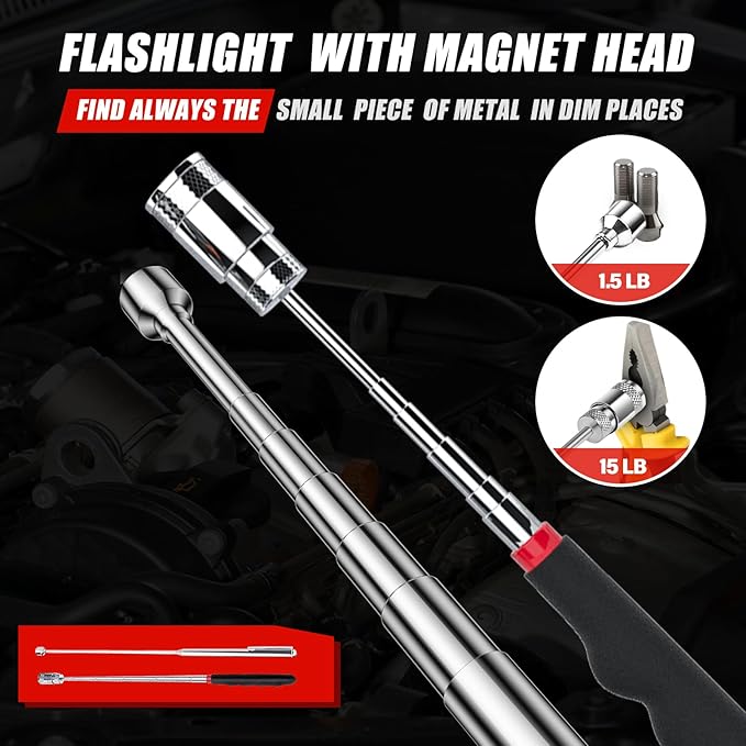 Gifts for Dad, Telescoping Magnetic Pick Up Tool Set, Stocking Stuffers for Men, Extendable Magnet Flashlight with Inspection Mirror, Flexible LED Flashlight,Christmas Gifts for Men, Women