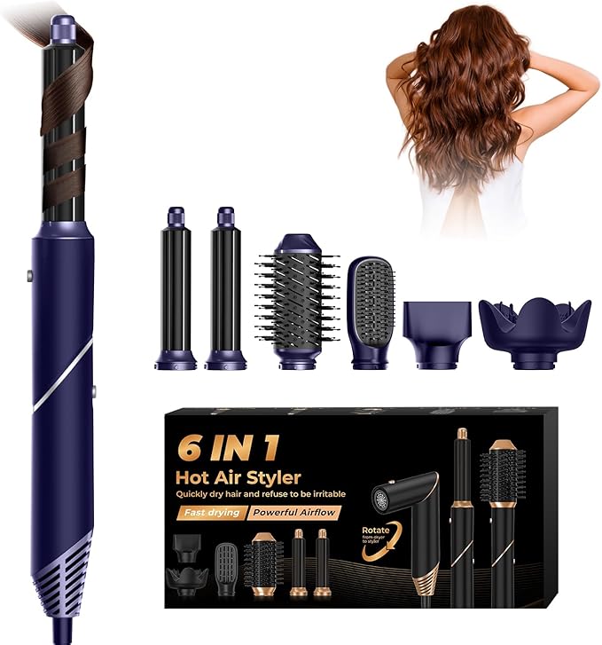 6 in 1 Hair Dryer Brush, Foldable Blow Dryer Brush with Wrap Curler, Detachable Air Hair Styler Curling, Drying,Volumizing, Straightening, Negative Ionic Hair Dryer with Diffuser, Hair Styling Tools