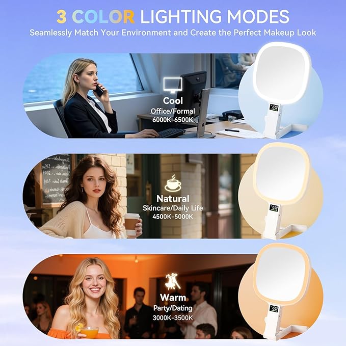 Auxmir Travel Makeup Mirror with Lights, Double Sided 30X/1X Lighted Magnifying Mirror, LED Display & 3 Color & Dimmable Brightness, Rechargeable Portable Vanity Mirror, Tabletop/Handheld/Hanging