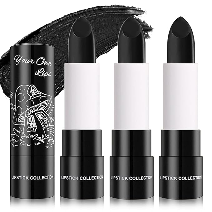 3PCS Matte Black Lipstick Black Lip Gloss Non-Stick Cup Velvet Lip Stain Long Lasting Matte Lipstick for Women Halloween Black Lip Makeup
