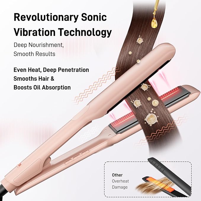 Flat Iron Hair Straightener – 1.75” Ceramic Infrared Ionic Flat Iron with 5s Fast Heat-Up, Vibration Technology, LCD Temp Control, Dual Voltage, Anti-Frizz Styling for All Hair Types