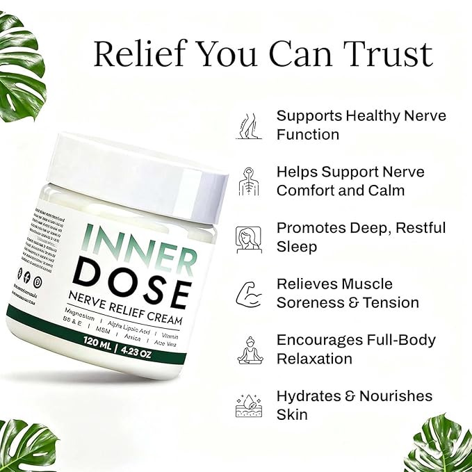 INNER DOSE Nerve Relief Cream, Neuropathy Lotion with Arnica, Magnesium Moisturizing Body Cream, Natural Soothing For Joint,Daily Nourishment for forKnee, Hands, Feet & Legs(1pc)
