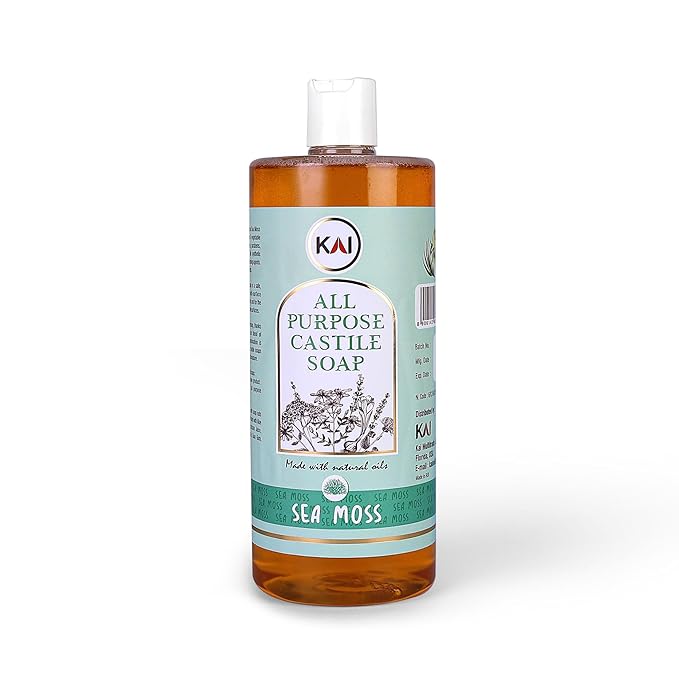 Sea Moss Liquid Castile Soap; Concentrated and All-Purpose; Use for All Natural Body Wash, Face Cleanser, Hair Shampoo, Hands, Dishes, Laundry, Floors, and Pets; 32 Ounce (1 Pack)