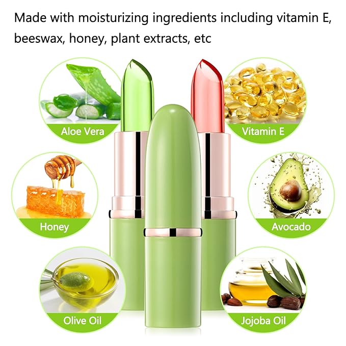 3PCS Aloe Vera Color Changing Lipstick,Crystal Jelly Tinted Lip Balm,Magic Color Change Lipgloss Set,Hydrating Lip Balm,Long-lasting Waterproofing Lipstick for Makeup