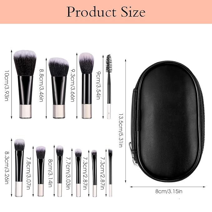 Travel Makeup Brush Set, Portable Mini Cosmetic Brushes with Case Full Complete Function Makeup Brushes Kit with Pouch Foundation Eyebrow Blending Concealer Blush Eyeshadow Contour Pow(Black)