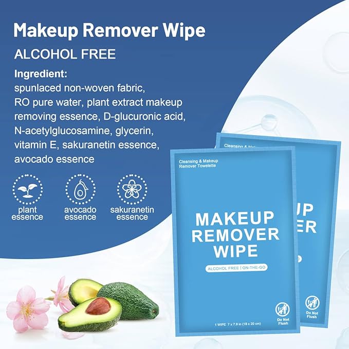 50 Count Makeup Remover Wipes Individually Wrapped, Travel Individual Wet Wipes Bulk, Gentle Cleansing for Face Mascara Lipstick, Single Makeup Removing Wet Wipes