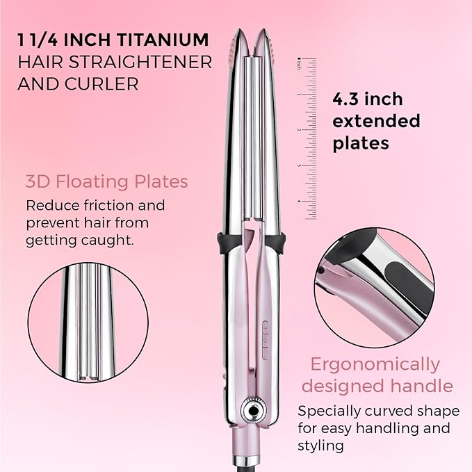 Professional Titanium Flat Iron with 1 1/4 Inch Floating Plates, Hair Straightener and Curler 2 in 1 with 10 Adjustable Temp Up to 480 ℉, Negative Ion & Dual Voltage Fast Heating Hair Tools