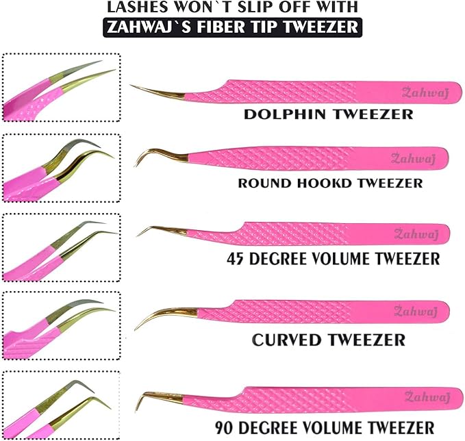 Lash Tweezers - Set of 5 Diamond Grip Eyelash Tweezers - Stainless Steel Professional Fiber Tip Lash Tweezer for Eyelash Extensions (Pink)