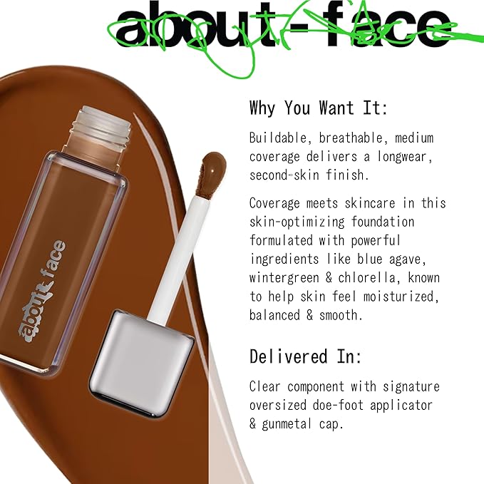 about-face THE PERFORMER Skin-Focused Foundation D3Neutral – Medium Coverage, Long-Wear, Breathable & Buildable Base – Clean, Vegan, Hydrating Formula with Blue Agave & Chlorella – 1.08oz