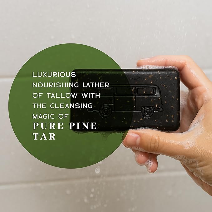 VanMan Tallow & Pine Tar Soap Bar – Grass-Fed Beef Tallow with Organic Oatmeal, Charcoal & Essential Oils – Exfoliating Face & Body Soap, 3.8oz - 3 Pack