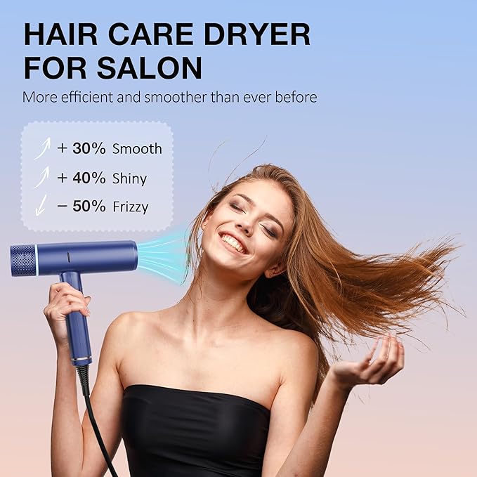 Ionic Hair Dryer with Diffuser and Concentrator, Professional Lightweight Quiet Blow Dryer, Powerful 1600 Watt Motor for Fast Drying and Straight & Wavy Hair, 3 Temps/2 Speeds, 6.56 Ft Cord, Blue