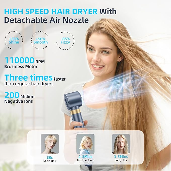 6-in-1 Hair Styler, Hair Dryer, Multi-Function Hot Air Brush Set, Ionic Blow Dryer with Interchangeable Attachments for Curling, Straightening (Gemstone Blue)