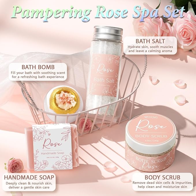 Spa Gifts for Women Bath Gift Set, Rose Relaxing Spa Gift Baskets Home Bath Set Self Care Kit Care Package Thank You Birthday Valentines Day Gifts for Her Women Mom Friends Sister Teen Girls Wife