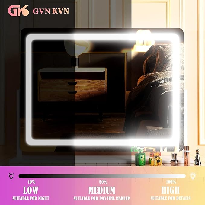 Makeup Vanity Mirror with USB Charging Port 19" L x 24" W LED Makeup Mirror, Desk Mirorr with Lights, Light up Mirror with 10X Magnification and, Dimmable 3 Modes, Touch Control Gold