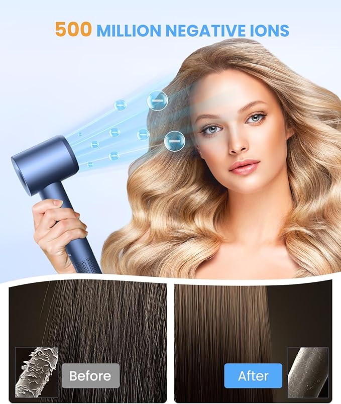 Hair Dryer, 150000 RPM Lightweight High Speed Ionic Blow Dryer for Fast Drying, 500 Million Negative Ions Care & Heat-Control Hairdryer with Magnetic Diffuser & Nozzle, 5 Temps & 3 Speeds