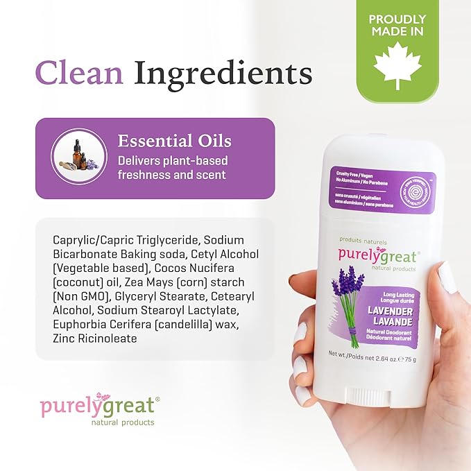 Purelygreat - Lavender Scented Natural Deodorant Stick, Travel-Friendly Hygiene Essentials for Women, Natural Deodorant for Men Without Aluminum & Parabens, 2.64 oz / 75 g