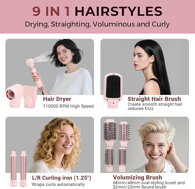 Hair Dryer Brush & 9-in-1 Air Styler, Powerful Fast Drying with Multiple Attachments for Drying, Volumizing, Curling, Straightening and Styling, with Leather Travel Pouch, US Plug 110 Volt