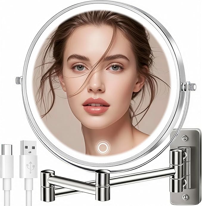 9" Large 15X Rechargeable Wall Mounted Lighted Makeup Mirror Nickel, 5000mAh HD Magnifying Mirror with 3 Color Bright Lights Touch Screen Dimmable, 17" Extendable 360° Swivel Bathroom Vanity Mirror