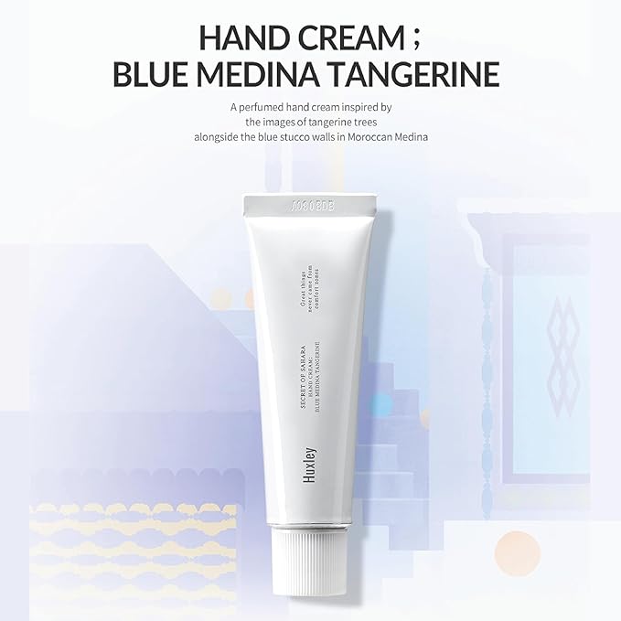 Huxley Secret of Sahara Hand Cream 30ml | Hydrates, Nourishes & Softens Skin | Non-Greasy Moisturizer that Soothes and Softens Hands | Hand Cream for Women & Men (1.01 Fl Oz, Blue Medina Tangerine)