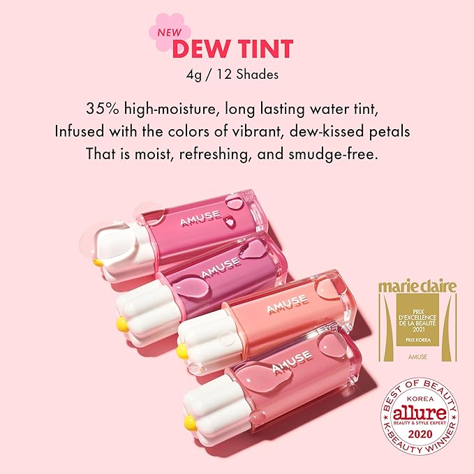 Amuse SEOUL Daisy Flower Dew Tint 05 STRAWBERRY | 35% High-moisture Water Tint, Long-lasting, Vitamin E Acetate, Moisturizing, No Peel Off, Lip Treatment, Non Sticky, Korean Lip Tint for Dry Lips