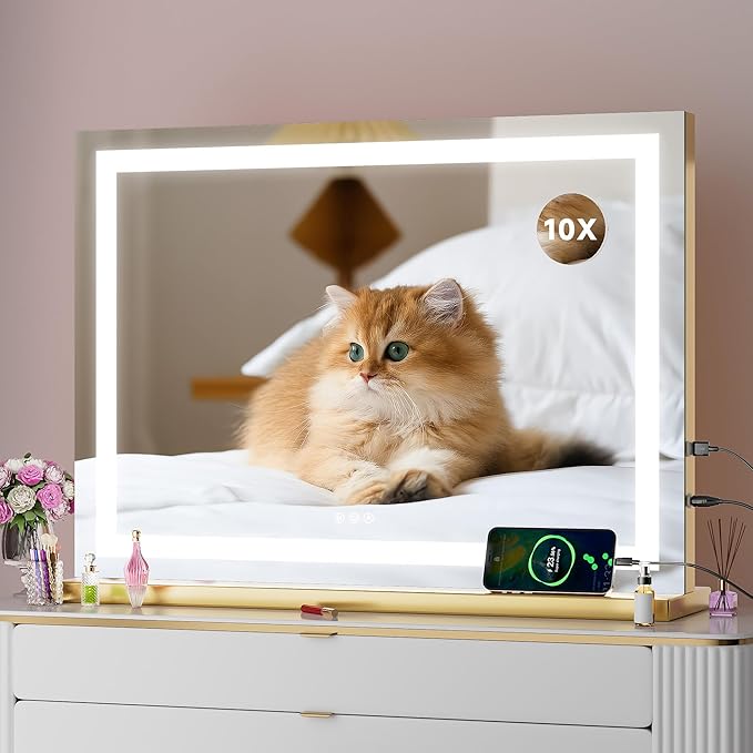 Vanity Mirror with Lights, 28" x 20" LED Makeup Mirror with 10X Magnification, Dimmable 3 Modes, Memory Function, Smart Touch, USB Charging Port, Lighted Makeup Mirror Square Glod