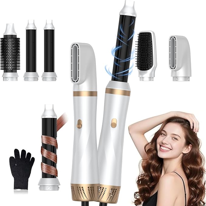 5 in 1 Blow Dryer Brush,110-120V Hair Dryer Brush, Fast Drying & 3 Adjustable Temperatures Hot-Air Hair Brushes, Detachable Hair Styler Set for Curling/Volumizing/Straightening/Styling (White Gold)