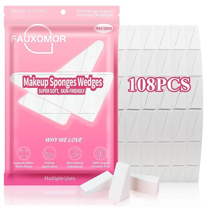 108 Pcs New Makeup Sponges Wedges for Face Foundation, Latex-Free Triangle Cosmetic Make Up Sponge for Flawless Application and Blending, Beauty Blender for All Skin Types with Two Pouches