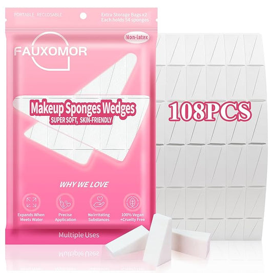 108 Pcs New Makeup Sponges Wedges for Face Foundation, Latex-Free Triangle Cosmetic Make Up Sponge for Flawless Application and Blending, Beauty Blender for All Skin Types with Two Pouches