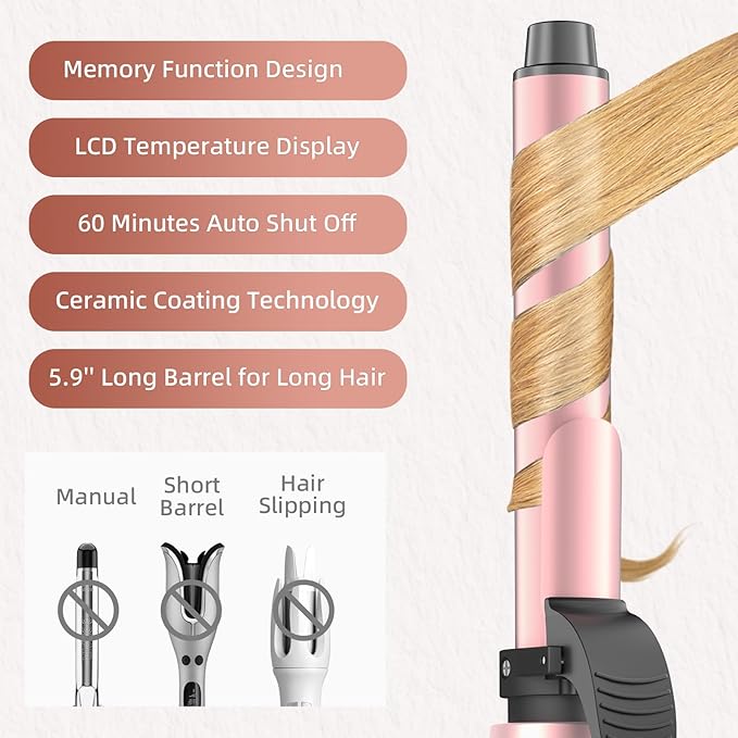 Rotating Curling Iron 1 Inch, Automatic Curling Wand with 12 Temperature & Memory Mode Perfect for Beach Waves, Fast Self Curling Wand, Suit for Medium or Long Hair