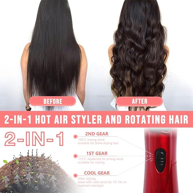 3-in-1 Hot Air Styler & Rotating Hair Dryer Brush with 2 Interchangeable Brushes | Anti-Frizz Ionic Technology for Straightening, Drying & Curling | 3 Heat Settings & 360° Rotation (Red)