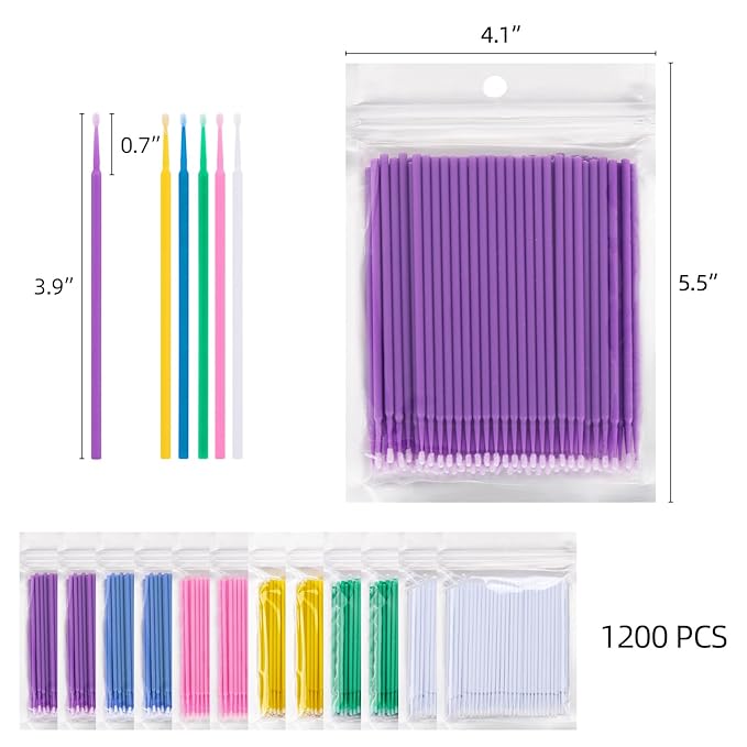 Tbestmax 1200 Pcs Micro Applicator Brush, Micro Swabs, Disposable Eye Lashes Mascara Wands for Eyelash Extension, 6 Colors