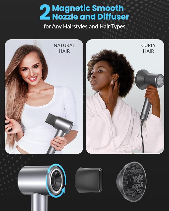Hair Dryer, 110000 RPM Professional Ionic Blow Dryer with Brushless Motor for Fast Drying, Thermo-Control Quiet Compact Hair Blow Dryer with Magnetic Diffuser for Curly Hair for Home Travel Salon