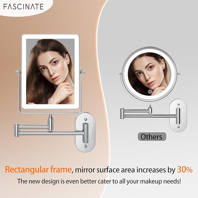 FASCINATE 5000mAh Rechargeable Wall Mounted Makeup Mirror, 8.7" Double Sided Touch Switch 1X 20X Rectangle Wall Mounted Magnifying Mirror with Light, 3 Color Setting, Extended Arm 360° Foldable Chrome