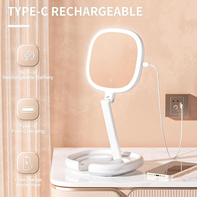 6.3” Makeup Mirror with Light and Magnification, 10X/1X Light Up Makeup Mirror Lighted Make Up Mirror with Adjustable Height Double Sides Folding Magnifying Mirror with Light
