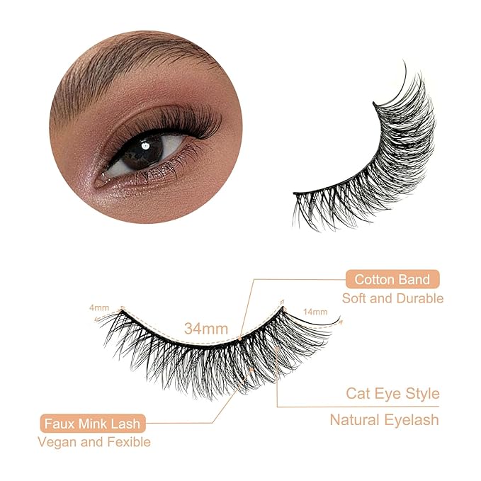 Cat Eye Lashes False Eyelashes Natural Look NINGLASH Wispy Lashes, Fake Eyelash 14mm Faux Mink Lashes Strips Eyelash 7 Pairs Natural Lash Pack