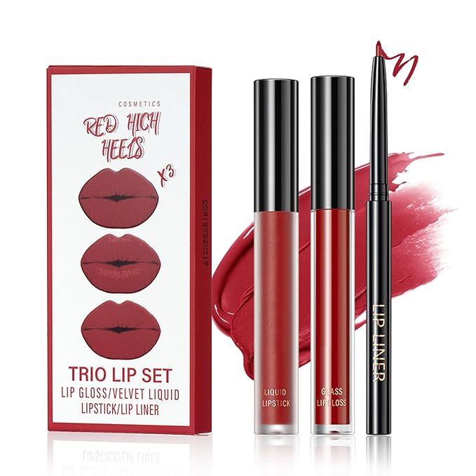 3 in 1 Red Lip Liner and Lip Gloss Lipstick Set for Women Waterproof Lip Liner and Lipstick Combo Long-lasting Smudge Proof Lip Kits Daily Professional Lip Makeup (06# Red High Heels)