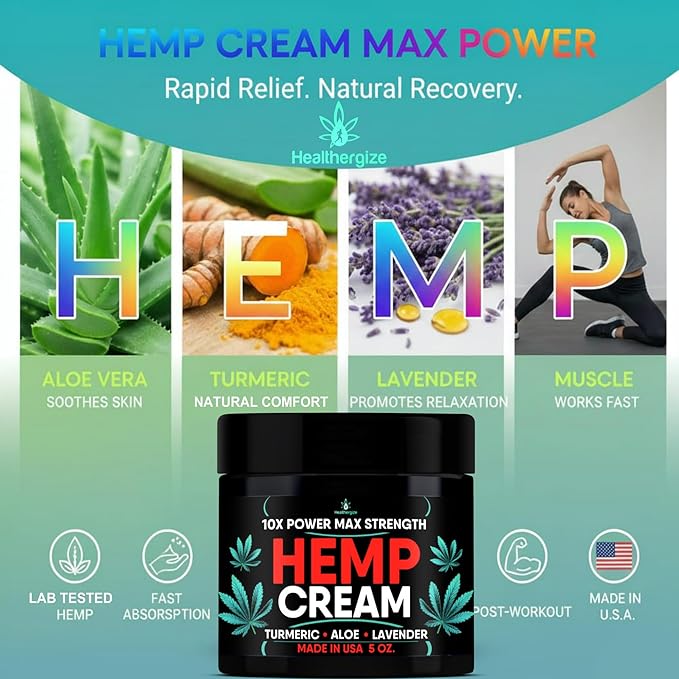 Hemp Cream Maximum Strength-Full Body Hemp Lotion Relief-Instant Results-Hemp Oil Infused-Lavender, Aloe, Turmeric, Aches, Muscles, Joints, Back, Knees, Neck-Made in USA