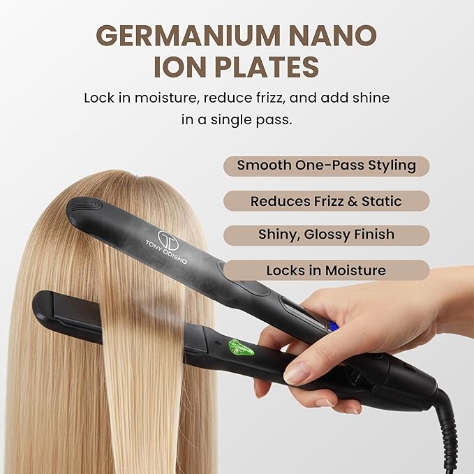 Black Germanium Flat Iron Hair Straightener – 1.25″ Floating Plates, Ionic Fast-Heat MCH, Digital 180–450°F, Frizz Control, 60-Min Auto Shutoff, 8.5-ft Swivel Cord, Salon Professional
