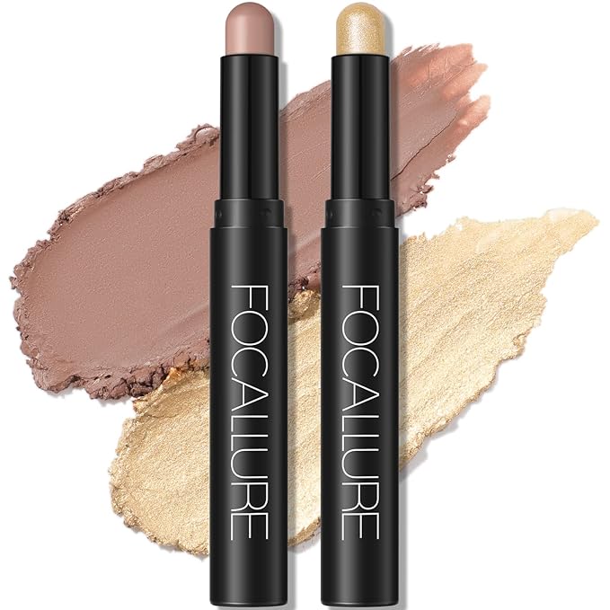 FOCALLURE 2 Pcs Cream Eyeshadow Stick,Brightener Eyeshadow Pencil Crayon,Highlighter Eye Shadow Stick Sets with Crease-proof Formula,Long Lasting Waterproof Eye Shadow Make Up,Money Glory